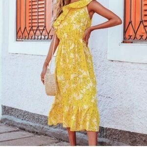 Cupshe Yellow Floral Print One Shoulder Ruffle
Ankle Length Dress XL RefCPS058